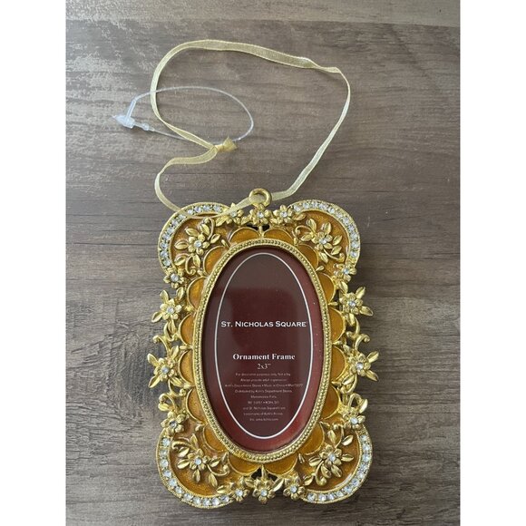 ST. Nicholas Square Enamel Gold Ornament Frame 4x3" Ornate Floral Rhinestones - Picture 2 of 7
